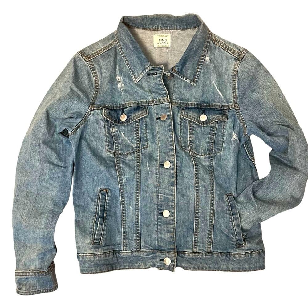 MNG Mango Denim Trucker Jacket Womens Large Blue Distressed Baddie Streetwear